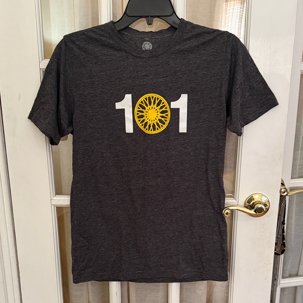 SoulCycle “Soul 101” Charcoal Tee with Yellow Wheel Graphic - Small